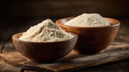 Two rustic wooden bowls filled with fine, pale flour or powder, artfully arranged on a textured wooden surface with a dark, moody background, highlighting the texture and color of the ingredient