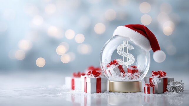 A festive scene features a glass snow globe adorned with a dollar sign, topped with a Santa hat. Wrapped gifts surround it, capturing the spirit of holiday spending and finance - Powered by Adobe