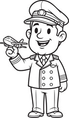 Smiling cartoon pilot in a captains uniform holding a small toy airplane black and white line art illustration.