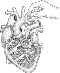 Surreal line art of a hand tuning an anatomical heart filled with churning ocean waves.