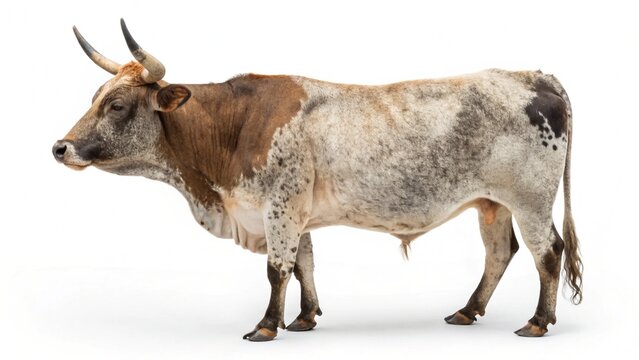 Realistic Nguni Cattle on white studio background, medium-sized muscular bovine with multicolored coat patterns, short horns, and strong legs, detailed livestock portrait