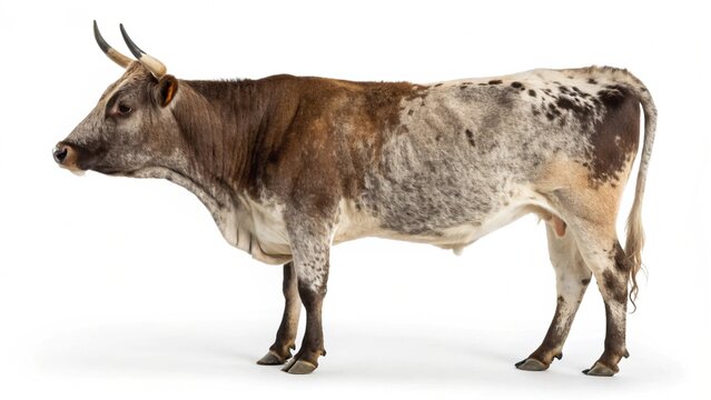 Realistic Nguni Cattle on white studio background, medium-sized muscular bovine with multicolored coat patterns, short horns, and strong legs, detailed livestock portrait