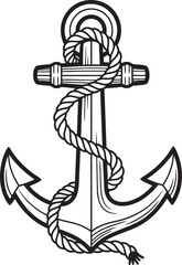 Vintage black and white line art of a classic nautical anchor with a thick twisted rope wrapped around it. © Vhya