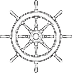 Vintage wooden ships wheel with eight spokes in a detailed black and white sketch style.