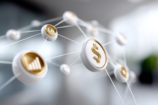 Various gold symbols representing finance, data, and investment are interconnected, showcasing the digital economy and the flow of monetary transactions in a modern setting