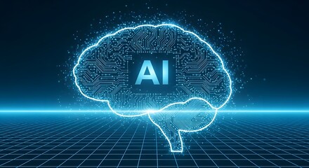 AI Artificial Intelligence Brain Digital Circuitry Pattern on Blue Grid Background Future Technology Innovation Concept
