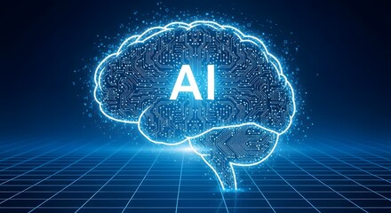 Artificial Intelligence Brain Digital Network on Blue Grid Background Concept of AI Future Technology Innovation Solutions