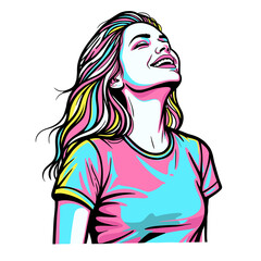 Vibrant woman with colorful hair laughing joyfully, radiating pure happiness and carefree spirit in a modern pop art style