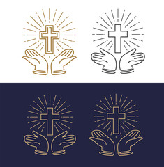 Christian cross in hands. Religious symbol of faith, prayer and salvation. God's grace and worship, Bible emblem