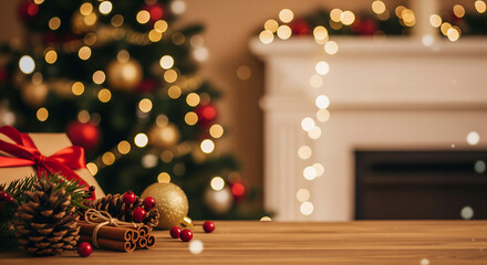 Christmas Decorations with Tree, Fireplace, and Wooden Table