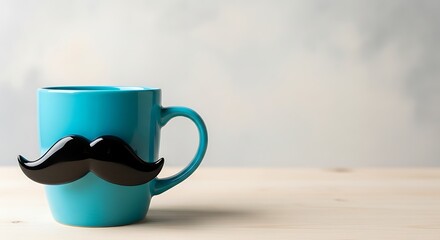 Blue Coffee Mug with Black Mustache Decoration on Wooden Surface Keywords: coffee mug, blue, teal, mustache, black