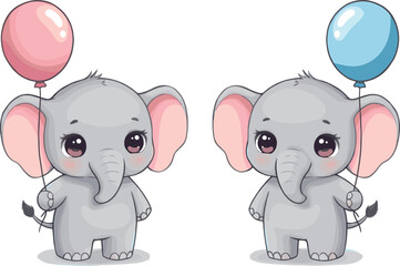 Adorable cartoon baby elephants holding balloons in a playful pose, perfect for kids' party or nursery decoration