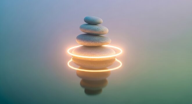Find your inner peace with this zen stack of stones illuminated by a soft glow, perfect for mindfulness apps and relaxation resources