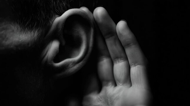 Woman who has trouble hearing what the other person is saying. Hand is holding ear of woman to hear better.Deafness concept.	