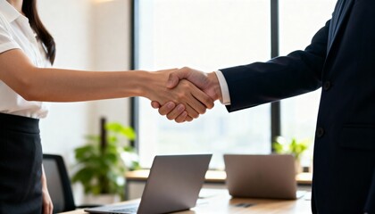 Close-up handshake between business partners in bright modern office.
