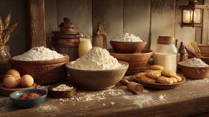 Rustic kitchen scene with bowls of flour, eggs, and cookies, evoking a sense of traditional baking and homemade goodness
