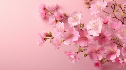 Obraz premium Delicate pink cherry blossoms are beautifully arranged on a soft pink surface conveying tranquility.