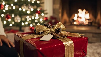 A woman places a wrapped red christmas gift by a cozy fireplace. Preparing presents for the holiday season at home. The joy of giving and celebration - Powered by Adobe