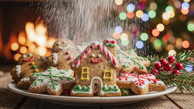 Sprinkling powdered sugar on warm Christmas gingerbread cookies. Festive holiday scene with a cozy fireplace and bokeh lights in the background. Homemade baking concept