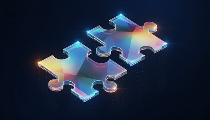 An abstract puzzle background of bright blue pieces forming a global network concept with a digital glow of energy