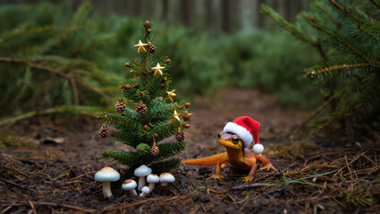 Salamander Wearing a Santa Hat Posing Next to a Small Decorated Fir Tree with Pine Cones and Star Ornaments in a Natural Forest Setting with Mushrooms
