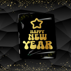 happy New year stylish black square banner with golden text. Vintage Gold New year day motto sticker, tag, retro label, banner, ribbon, label png with quote. New year text banner