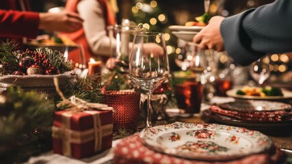 Festive holiday table setting with elegant glassware and christmas decorations - Powered by Adobe