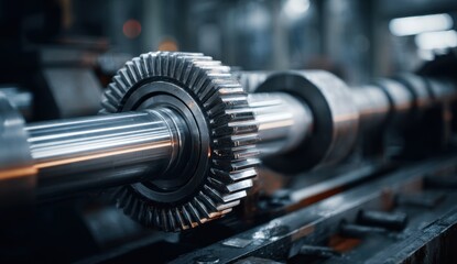 Close-up of a metallic gear shaft with precision machining in an industrial setting