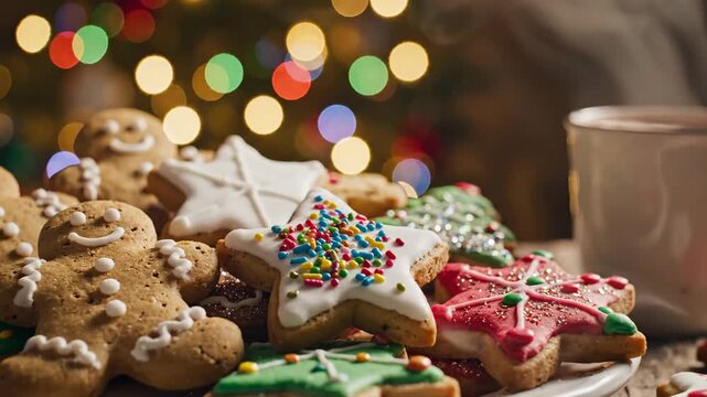 Festive Christmas cookies on a plate with a steaming mug. Homemade gingerbread and decorated holiday treats. Cozy winter scene with bokeh Christmas lights