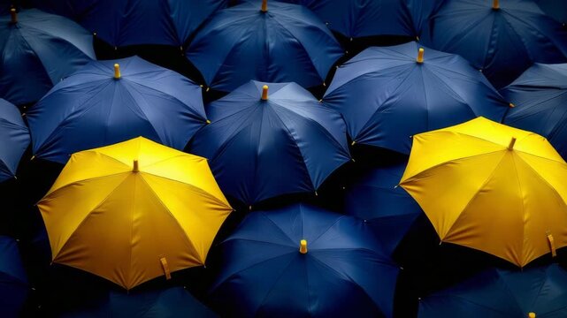 Bright yellow umbrella stands out among a sea of blue umbrellas in a vibrant display