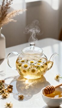 Glass teapot with chamomile tea, blossoms, and decorative honey and cup.