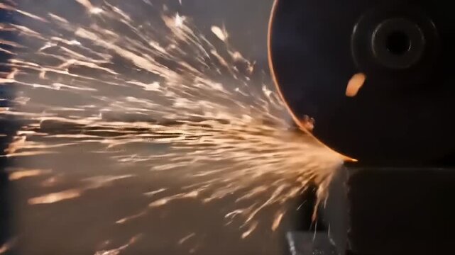 Sparks fly from angle grinder.