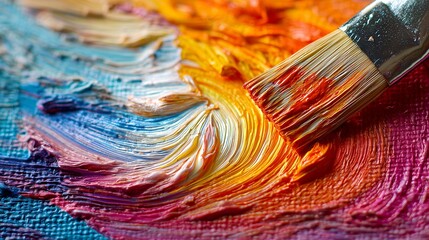 Fototapeta premium Artistic Expression: A close-up view capturing the vivid, tactile beauty of a paintbrush applying vibrant strokes of oil paint, revealing the artistic process.