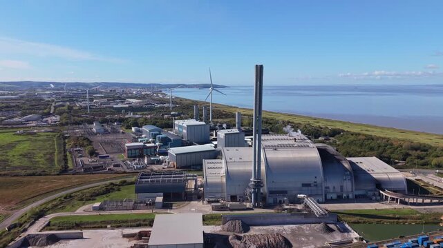 Aerial video of a recycling facility by the river Severn  