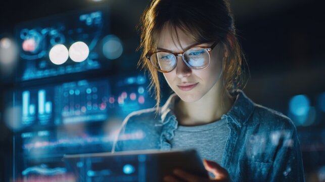 Focused on her tablet a woman reviews digital data while seated in a tech savvy office.
