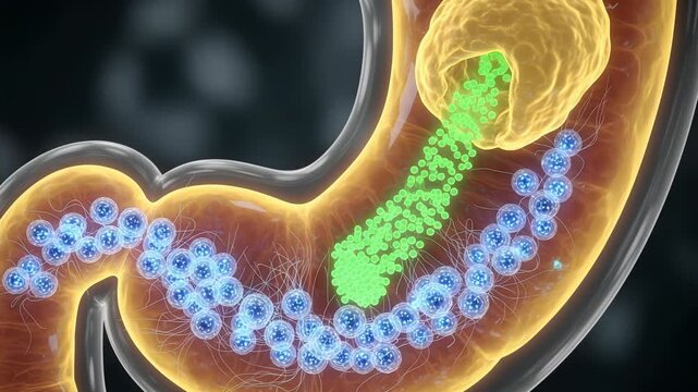 Glowing synthetic stomach lining with pulsating nutrient absorption cells and glowing particles in action