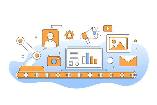 Illustration of marketing automation process with conveyor belt and icons
