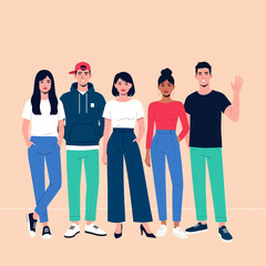 Fototapeta premium Group of diverse young adults standing together smiling in casual outfits, flat vector illustration representing friendship, teamwork, and unity for modern social or corporate design concepts.