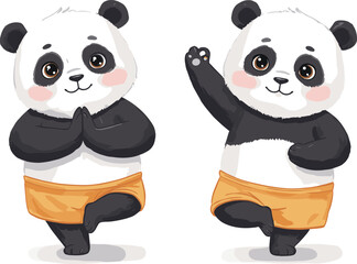 Cute cartoon panda doing yoga and dancing poses, adorable animal character illustration for kids and mindfulness design
