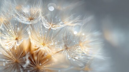 Tiny dandelion seeds shimmer under soft morning light showcasing natures breathtaking details and elegance.