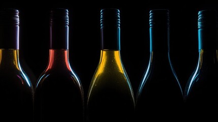 cellar. Artistic arrangement of wine bottles with dramatic backlighting, creating a moody atmosphere. bar promotions, beverage menus, designed for food & beverage menus and cafe branding.