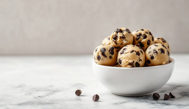 Close-up of a white bowl filled with freshly baked chocolate chip cookies on a light