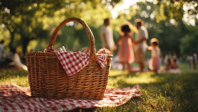 Close-up of a wicker picnic basket with checkered cloth on a blanket in a park