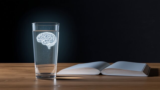 Brain Clarity: A glass of water is illuminated with a graphic of a brain, alongside an open book on a wooden surface, suggesting clarity, focus, and intellectual engagement.