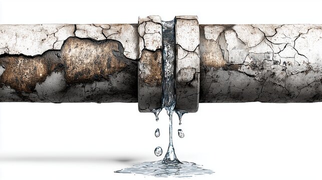 Leaking Pipe: A close-up shot of a deteriorating pipe, highlighting the structural failure as water droplets cascade downwards.