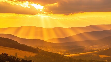 ridge. Golden sunrise light breaking through clouds over a peaceful mountain valley at dawn. travel magazines, destination branding, designed for outdoor magazines and nature guides.