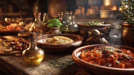 A rustic medieval feast table laden with various dishes, including a steaming bowl of pasta, roasted meats, and fresh vegetables, set in a dimly lit, atmospheric kitchen