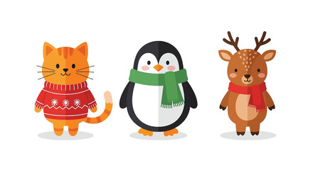 Naklejka premium Adorable cartoon cat penguin and reindeer dressed for winter holidays.