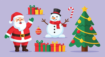 Festive Christmas Characters and Gifts with Decorated Tree.