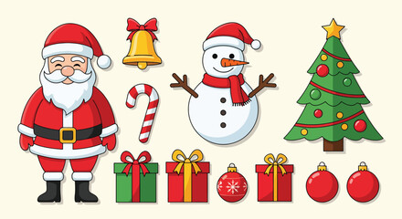 Festive Christmas Icons Santa Claus Snowman Tree Gifts and Ornaments.